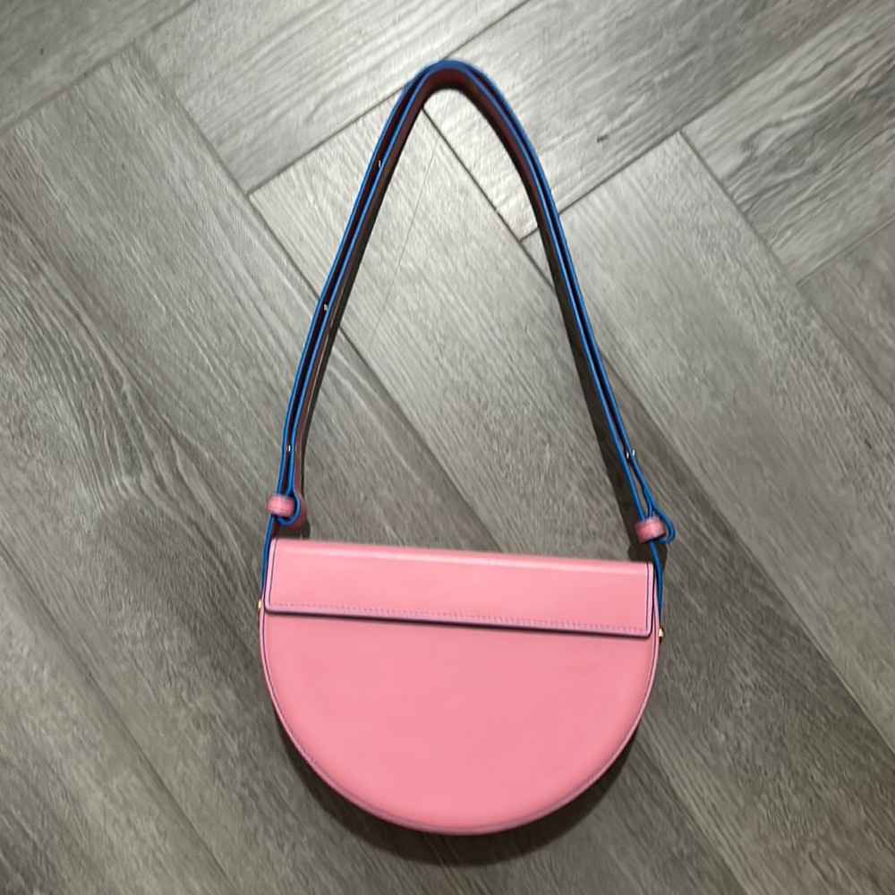 Structured Pink and Blue Shoulder Bag with Color-Blocked Design